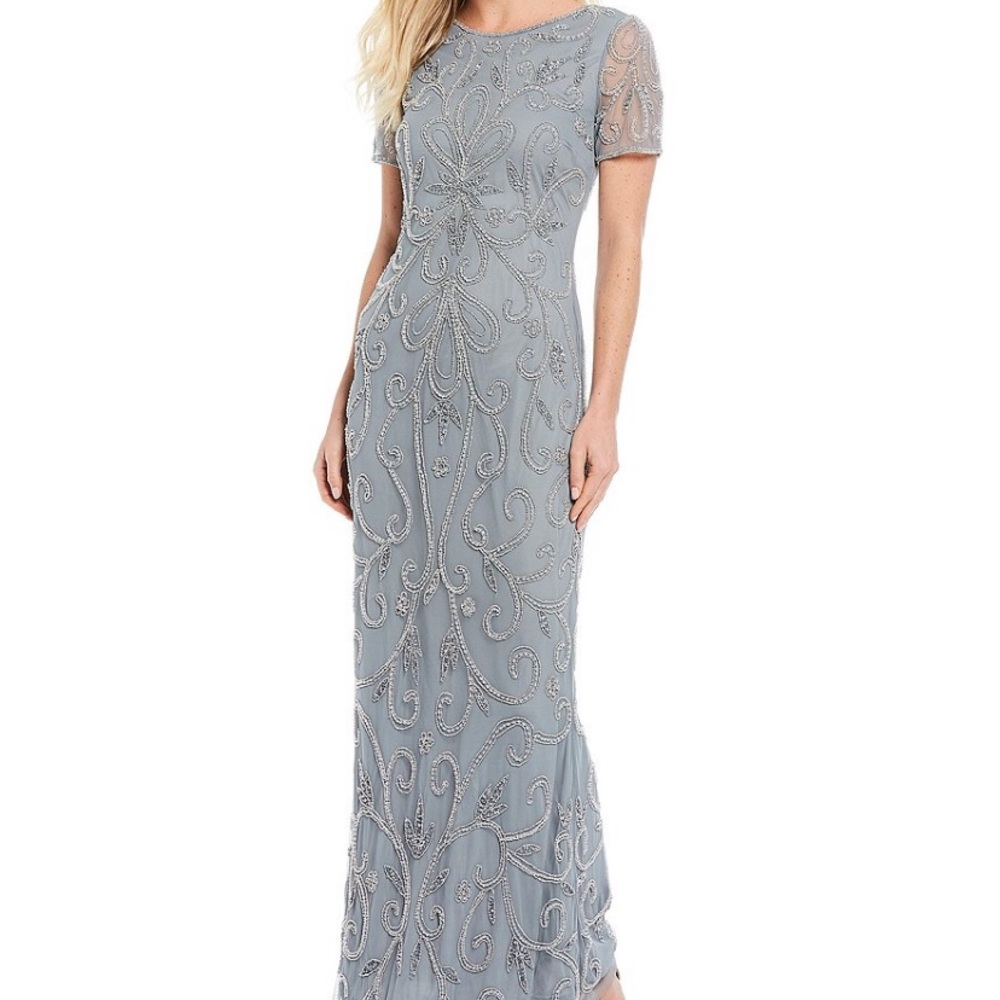Beaded Scroll Motif Short Sleeve Gown Light Blue